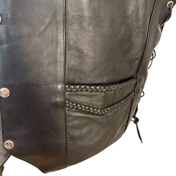 Black Leather Biker Vest with Braided Trim & Lace-Up Sides - Picture 5 of 7